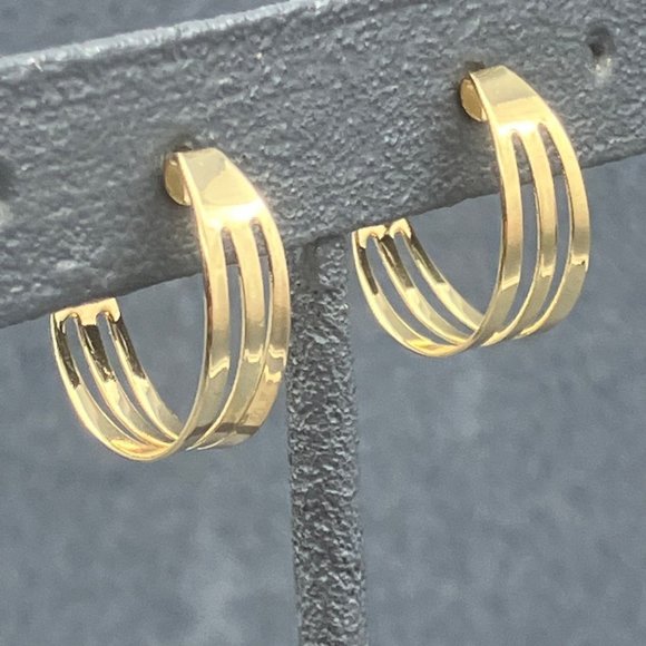 Hoop Pierced Earrings Gold Triple Shiny Simple Classic Retro Granny Soft Girl - Picture 2 of 5